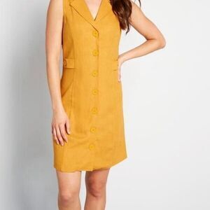 ModCloth Coasting Along Sleeveless Linen Blend Button Front Dress Mustard 16